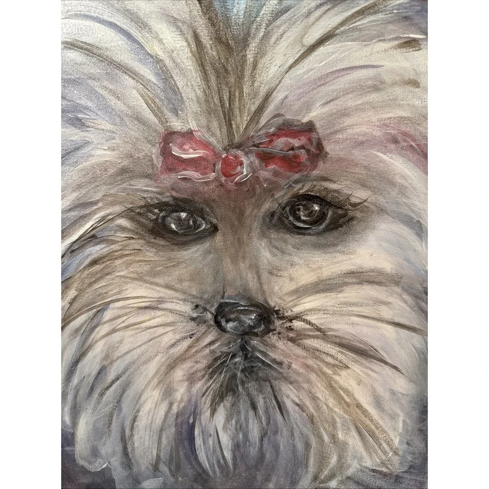 One Of A Kind-Original Yorkie Terrier Dog Painting-ART-Colorful-Pink Bow-Canvas